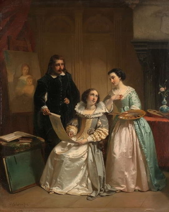 Gerard van Honthorst展示他的学生波西米亚的路易丝给阿玛莉亚·范·索姆斯的画