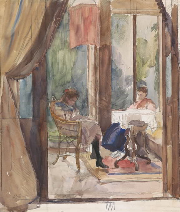 海牙Riouwstraat 6号住宅的温室里，一位女士和一位年轻女孩正在读书