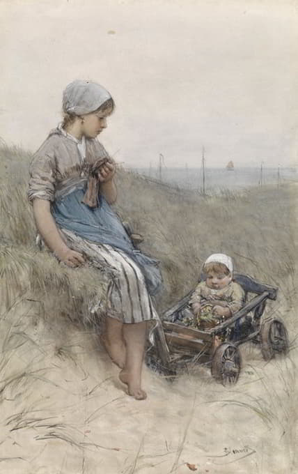 Bernardus Johannes Blommers - Vissersmeisje met kind in kinderwagen in de duinen