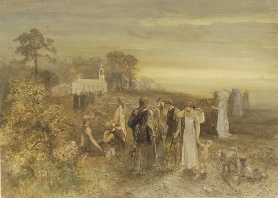 Charles Rochussen - Monniken begeven zich naar een kerk, gadegeslagen door een groep Germanen