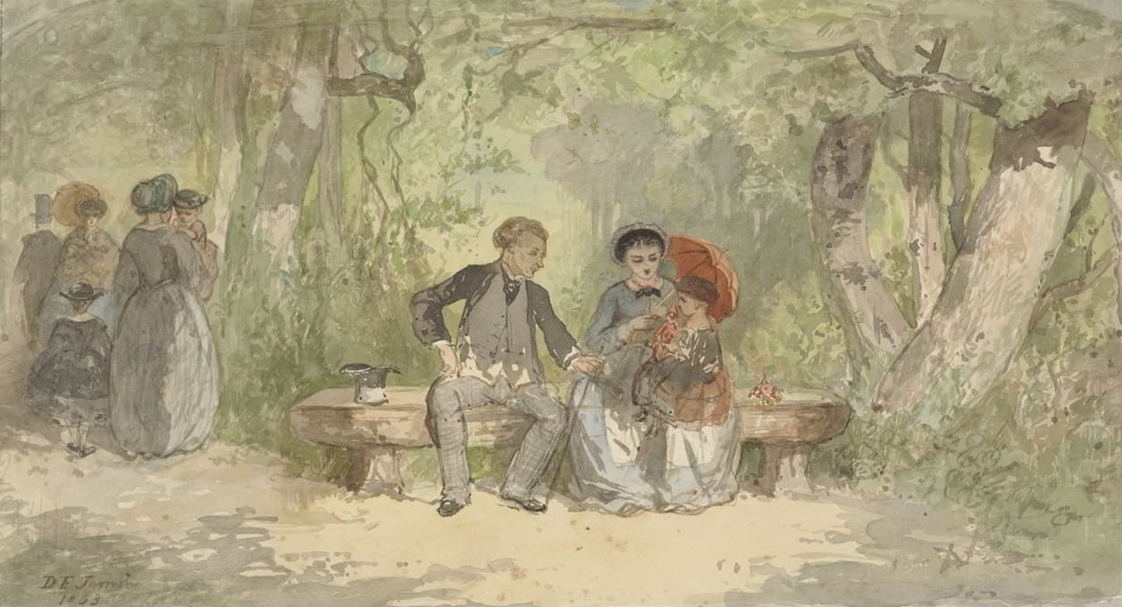 Diederik Franciscus Jamin - Man, vrouw en kind op een bank in het park