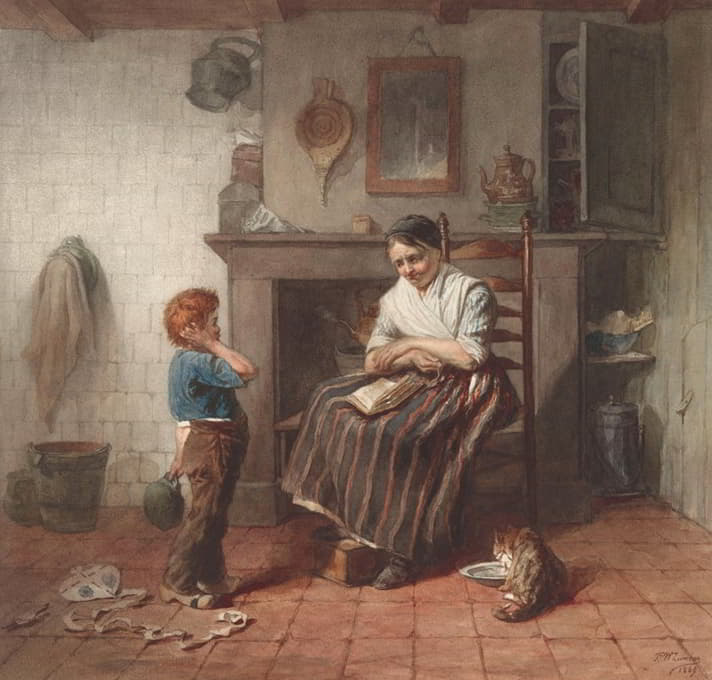 Frederik Willem Zürcher - Interieur met een jongetje, een vlieger en een vrouw