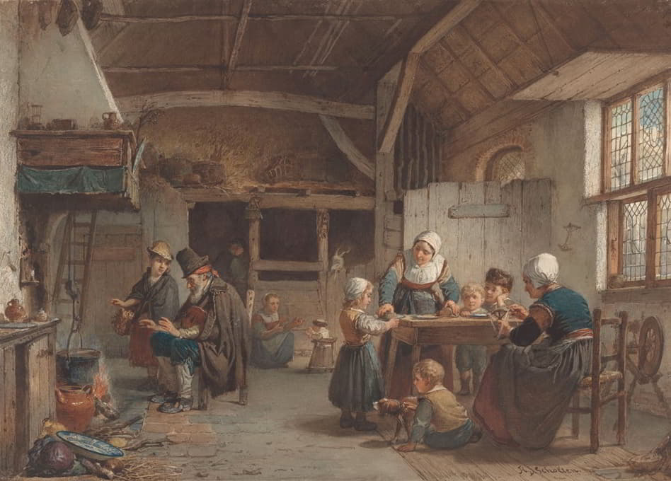 Hendrik Jacobus Scholten - Boereninterieur, familie in de keuken