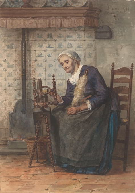 Hendrik Valkenburg - Oude vrouw in interieur aan spinnewiel