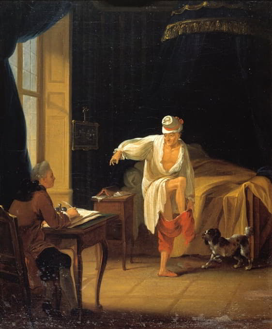 Jean Huber - Voltaire à son lever à Ferney, dictant à son secrétaire Collini