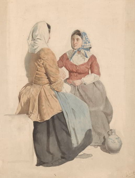 Willem Hendrik Schmidt - Twee zittende vrouwen met een kruik