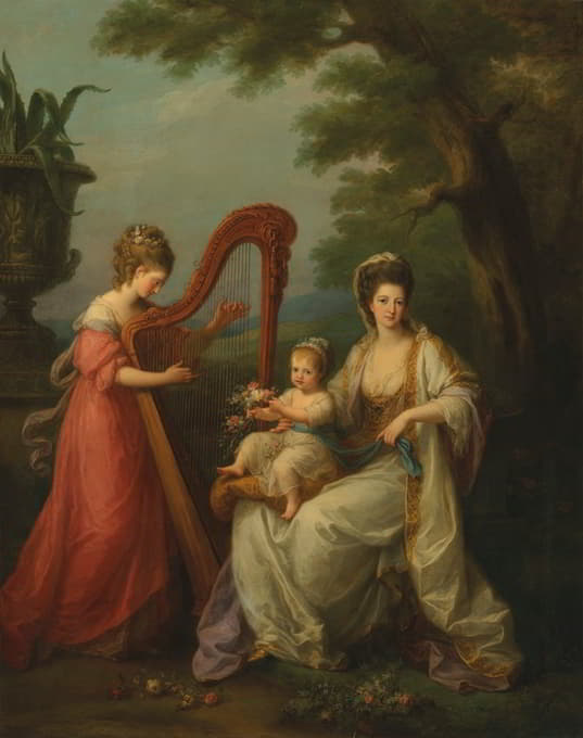 德比伯爵夫人伊丽莎白-史密斯-斯坦利（Elizabeth Smith-Stanley）女士与她的幼子爱德华（后来的第 13 任德比伯爵）以及她同父异母的姐姐奥古斯塔-坎贝尔（Augusta Campbell）女士的合影肖像