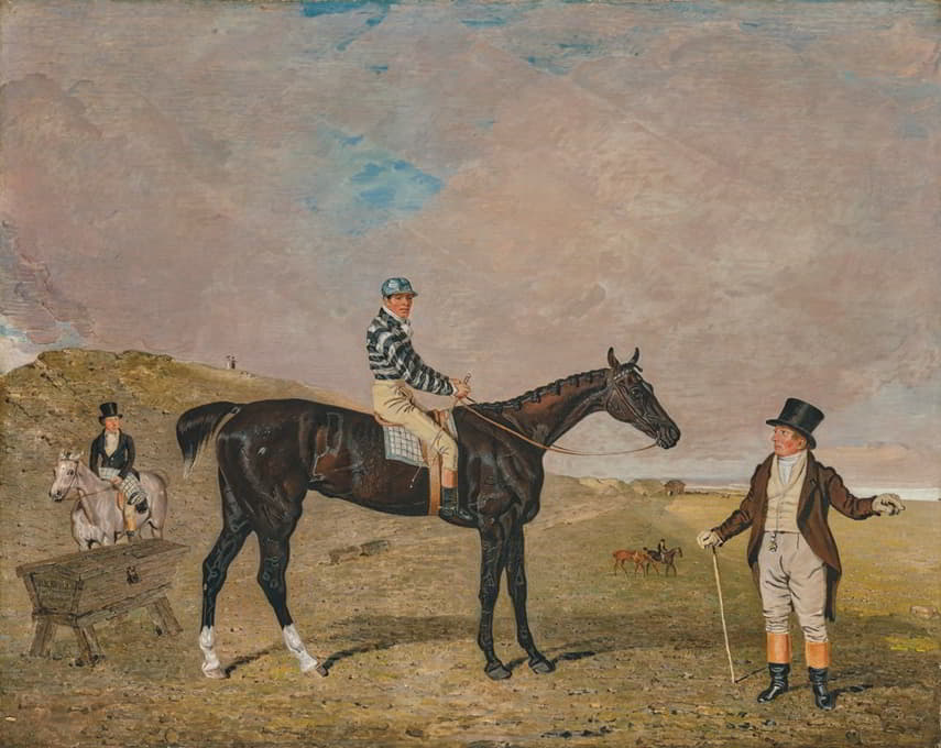 “Bravura”是一匹铁灰色的小母马，上面有詹姆斯·罗宾逊，它的主人罗伯特·基思·迪克爵士，英国电信，它的驯马师骑在新市场荒原左侧的一匹灰色小马上
