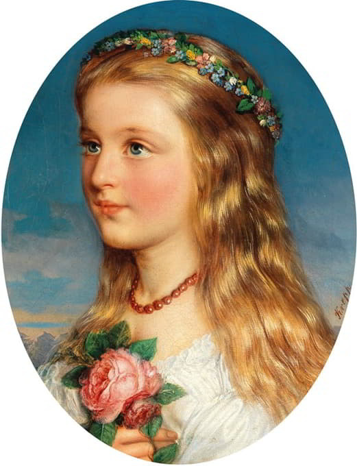 一个带着鲜花和玫瑰的女孩的肖像
