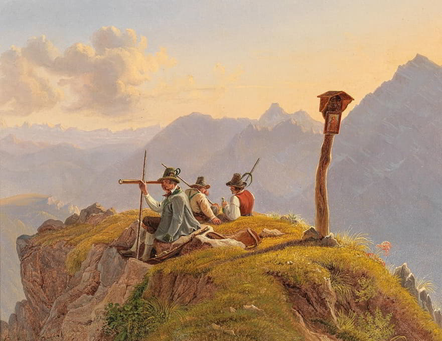 在山顶休息的猎人，萨尔兹卡默尔古特的场景