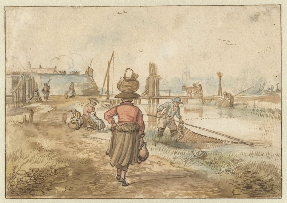 河流景观，一名妇女头上扛着篮子，渔夫和其他人物靠近城镇的城墙