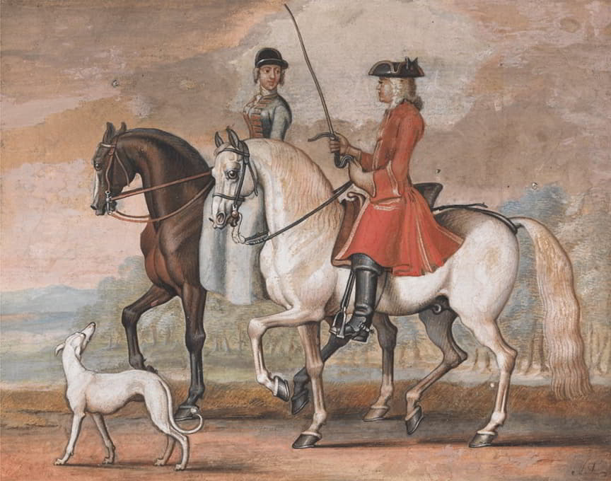 一位绅士骑着一匹驯服的马，和一位女士骑马外出