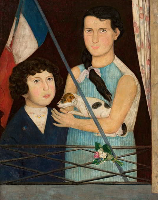 两个孩子举着法国国旗
