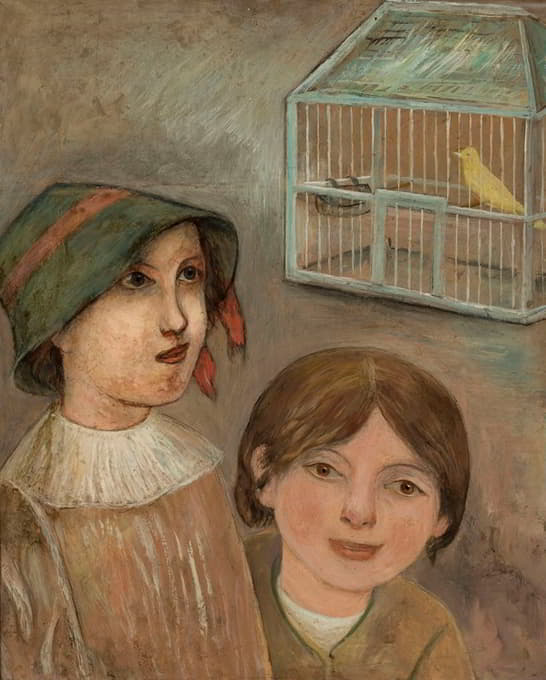 两个小女孩在一个金丝雀笼子旁边