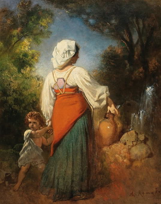 Anton Romako - Italienerin mit Kind am Brunnen