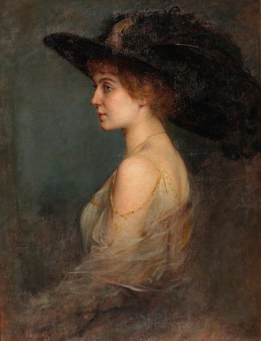 一位戴着大羽毛帽子的女士的侧面肖像