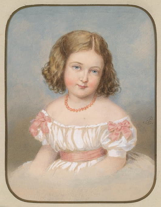 一个小女孩穿着白色连衣裙，打着粉红色蝴蝶结的照片