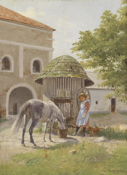 Hermann Reisz - Mädchen mit Pferd am Brunnen