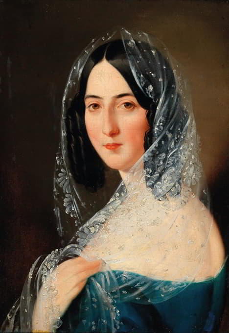 一位戴着白色蕾丝面纱的女士的肖像
