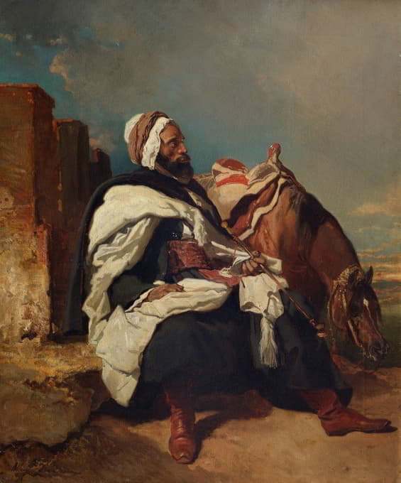 Alfred De Dreux - Seated Arab Man with Horse
