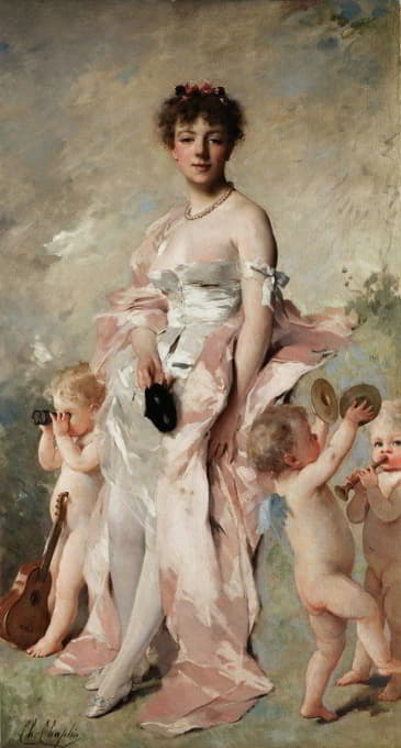 Charles Chaplin - Young woman in ball dress with putti