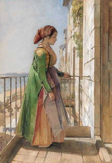 1840年站在阳台上的希腊女孩