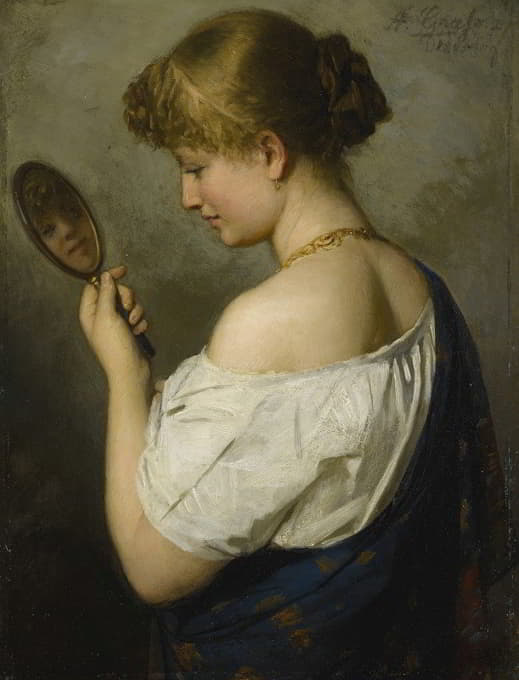 一个拿着镜子的年轻女孩的画像