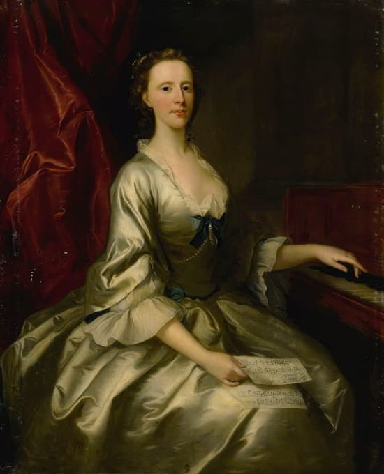 一位女士的肖像，四分之三长，坐在大键琴旁，手里拿着一张乐谱