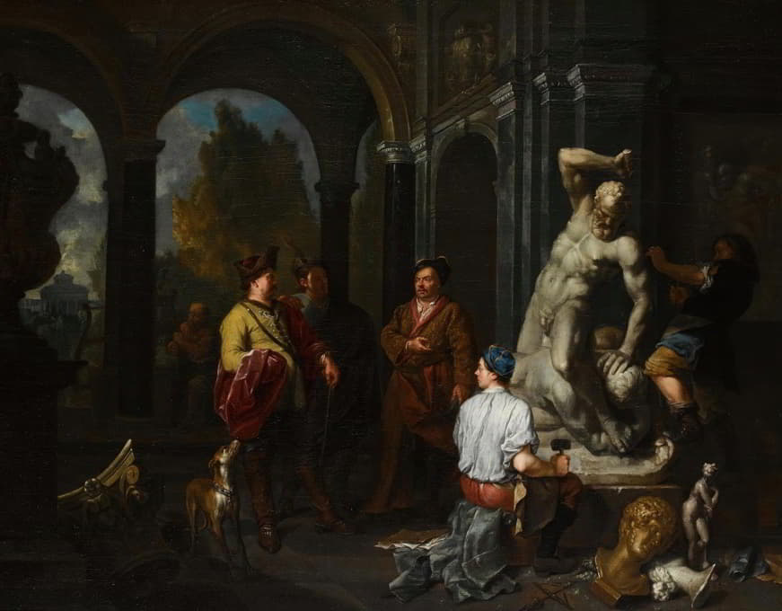 Balthasar Van Den Bossche - Elegant Figures Overseeing Sculptors Working On A Statue Of Hercules And Anateus In A Palace Courtyard