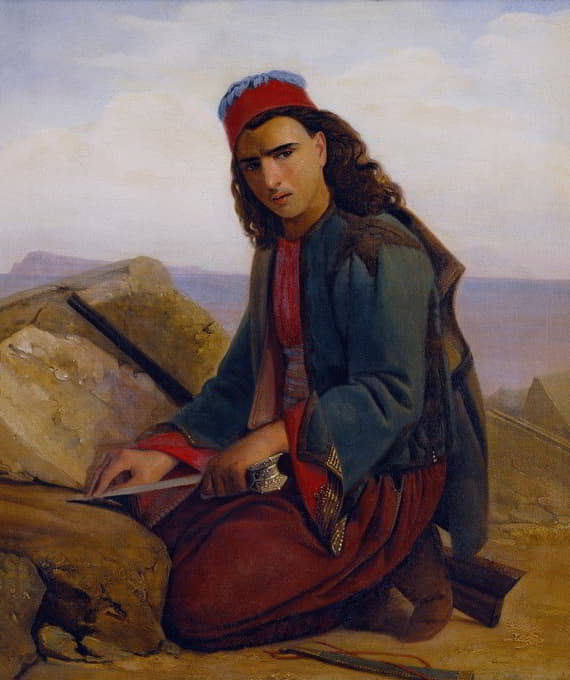 一个年轻的希腊人正在磨他的匕首
