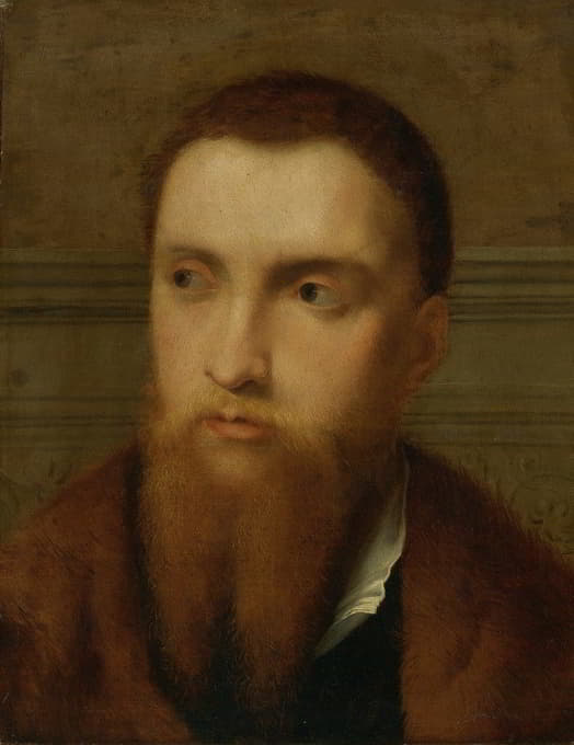 一个留胡子的男人的肖像，头部和肩部，在室内