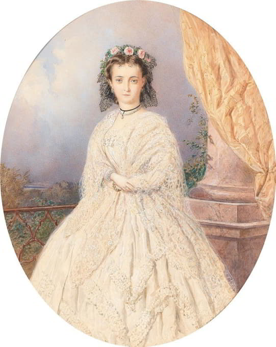 一位新娘站在阳台上，头发上插着玫瑰的肖像