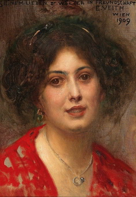 一位身穿红色连衣裙的年轻女子的肖像