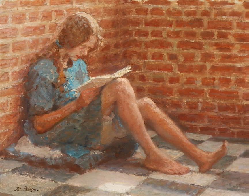 坐在砖墙边读书的女孩