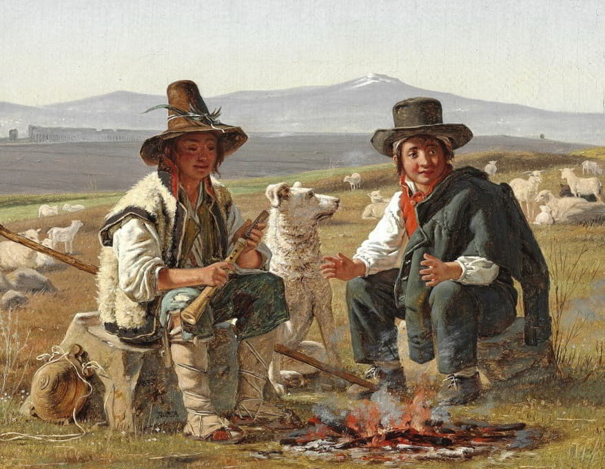 两个意大利牧羊人坐在火炉旁