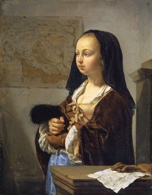 Frans van Mieris the Elder - Young Woman with Feather Fan Prepared to Go Out
