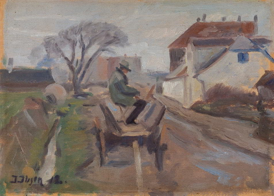 画家奥伦德·汉森坐在一辆马车上绘画