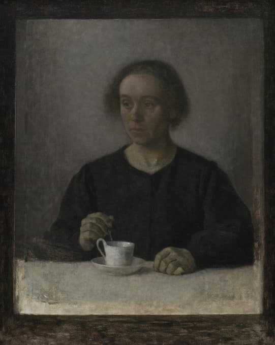 艺术家的妻子艾达·哈默什（Ida Hammershøi）拿着一个茶杯