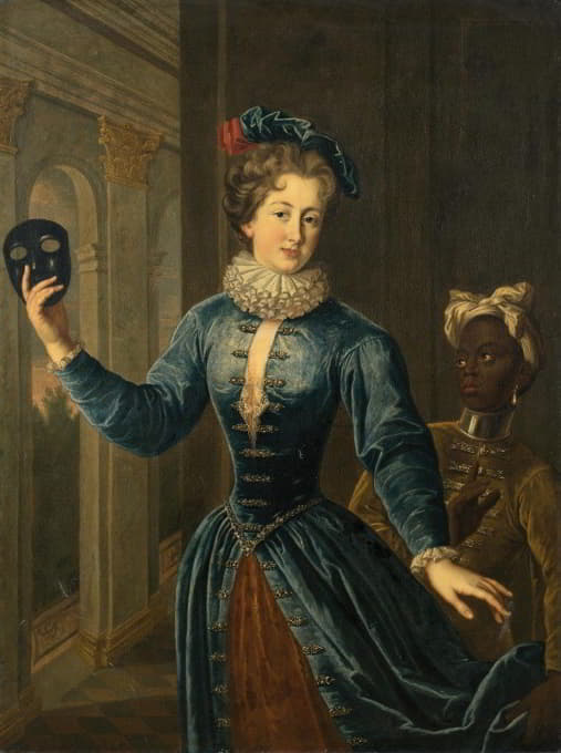 一位女士的肖像，带着一页纸和一个面具