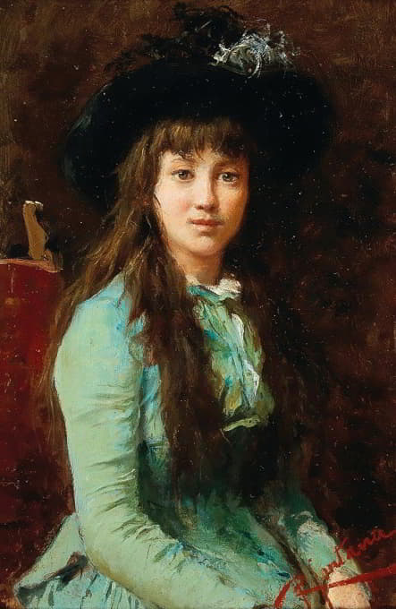 一个戴羽毛帽子的女孩的肖像
