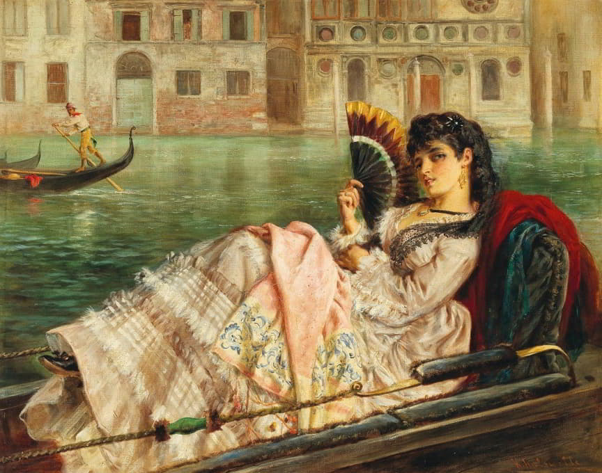 坐在平底船上的威尼斯美女