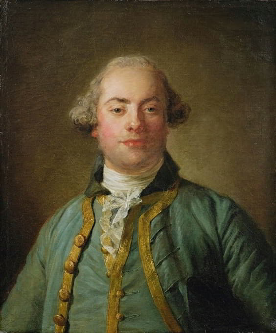一位绅士的肖像，胸围长，身穿蓝金色衬里背心和白色衬衫