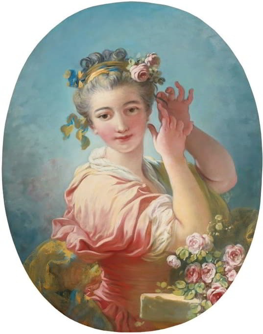 一个年轻女子用玫瑰花粉装饰她的发型