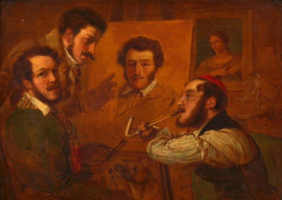 艺术家；画作前的画家高尔曼、丹豪斯和阿尔科尼埃·穆勒博士