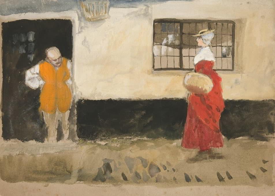 街景的习作，门口的男人，穿红衣服的女人。