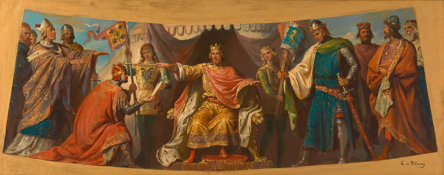 阿森纳名人堂壁画的油画素描；弗里德里希·巴巴罗萨祝贺海因里希·贾索米尔戈特和海因里希获得狮子奖