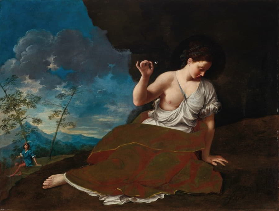 一个年轻女子手持一朵花斜靠在风景中，一个年轻男子在远处