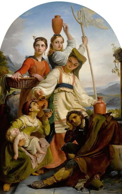 François-Joseph Navez - Jeunes filles à la fontaine donnant à boire à des voyageurs, costumes des environs de fundi