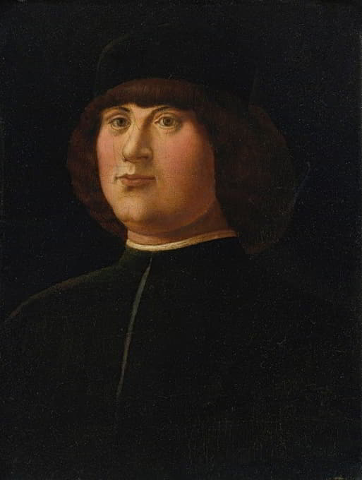 Alvise Vivarini - Portrait of a gentleman in a black cap with an elaborate zazzera