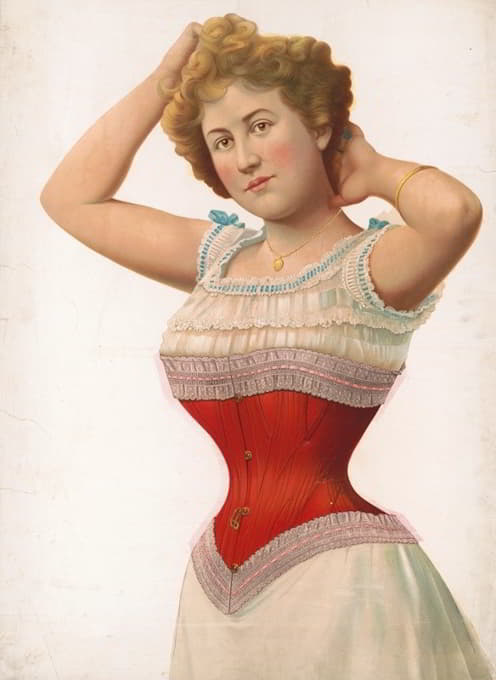 一名妇女身穿红色紧身胸衣，双臂举至头部，展示紧身胸衣和她的身材